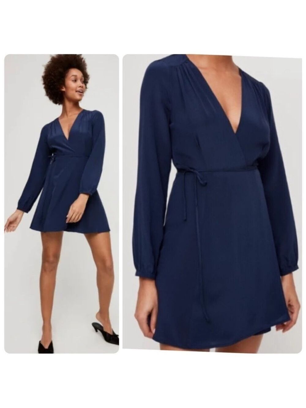 Aritzia Wilfred Silk Diane Wrap Mini Dress Navy Blue Size Small